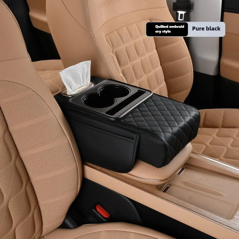 5-in-1 Car Armrest Cushion with 2 Storage Bags Cup Holder and Tissue Box Slot
