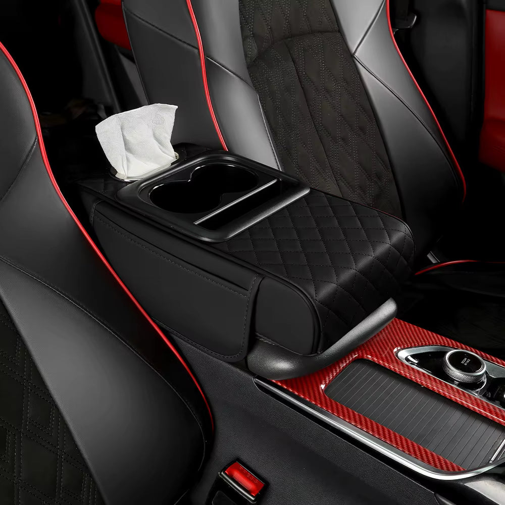 5-in-1 Car Armrest Cushion with 2 Storage Bags Cup Holder and Tissue Box Slot