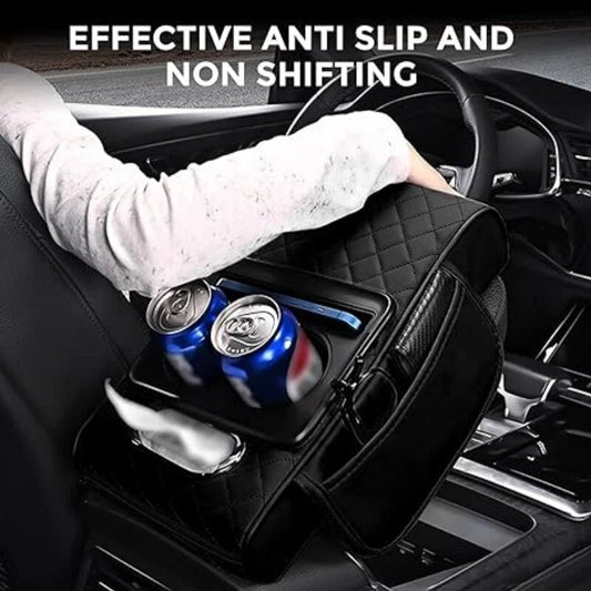 5-in-1 Car Armrest Cushion with 2 Storage Bags Cup Holder and Tissue Box Slot